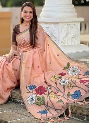 Peach cotton silk saree with colorful floral weaving pallu with blouse 4