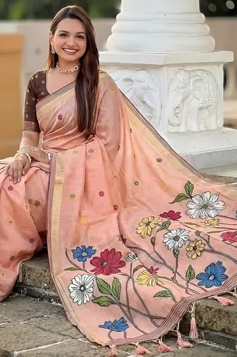 Peach cotton silk saree with colorful floral weaving pallu with blouse