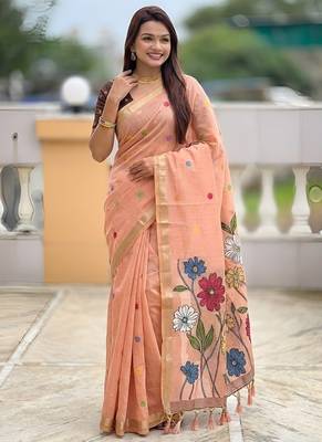 Peach cotton silk saree with colorful floral weaving pallu with blouse 5
