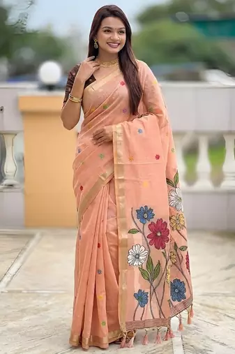 Peach cotton silk saree with colorful floral weaving pallu with blouse