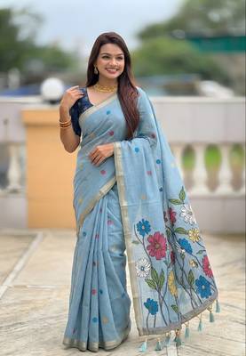 Skyblue cotton silk saree with colorful floral weaving pallu with blouse 1