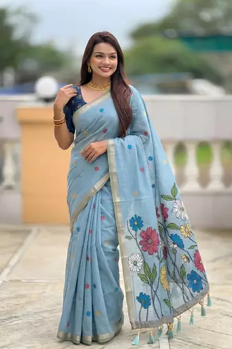 Skyblue cotton silk saree with colorful floral weaving pallu with blouse