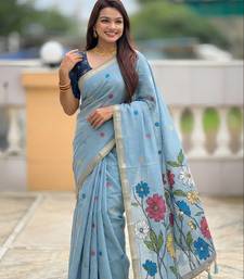 Skyblue cotton silk saree with colorful floral weaving pallu with blouse