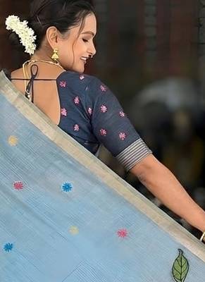 Skyblue cotton silk saree with colorful floral weaving pallu with blouse 2
