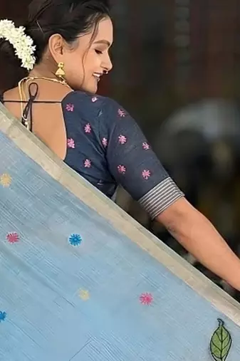 Skyblue cotton silk saree with colorful floral weaving pallu with blouse