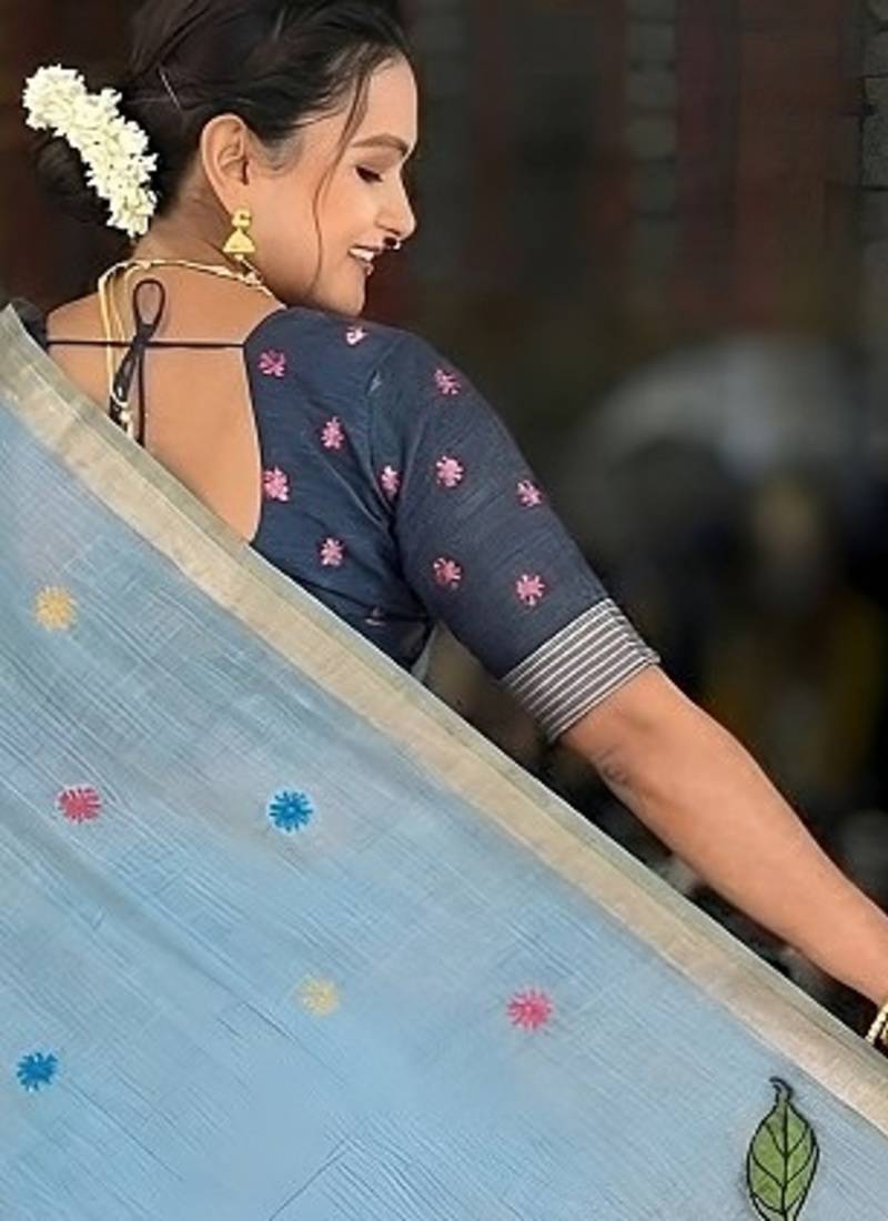 Skyblue cotton silk saree with colorful floral weaving pallu with blouse