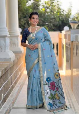 Skyblue cotton silk saree with colorful floral weaving pallu with blouse 3