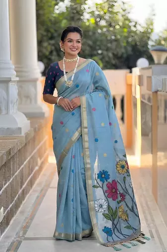 Skyblue cotton silk saree with colorful floral weaving pallu with blouse