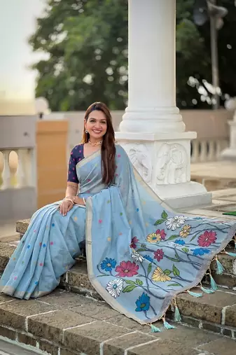 Skyblue cotton silk saree with colorful floral weaving pallu with blouse