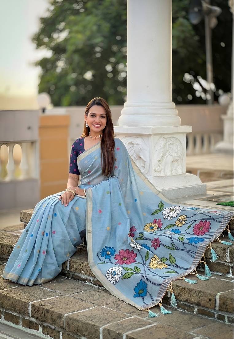 Skyblue cotton silk saree with colorful floral weaving pallu with blouse