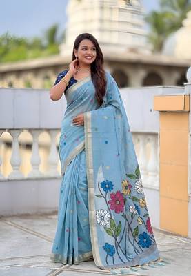 Skyblue cotton silk saree with colorful floral weaving pallu with blouse 5