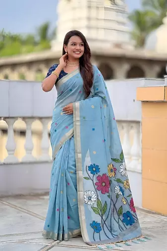 Skyblue cotton silk saree with colorful floral weaving pallu with blouse