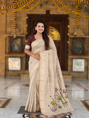 Cream cotton silk saree with colorful floral weaving pallu with blouse 1