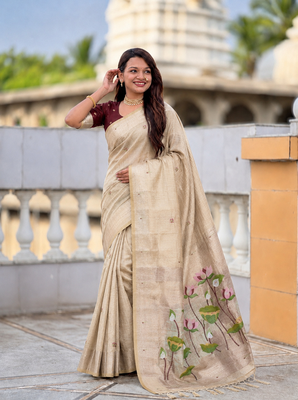 Cream cotton silk saree with colorful floral weaving pallu with blouse 3