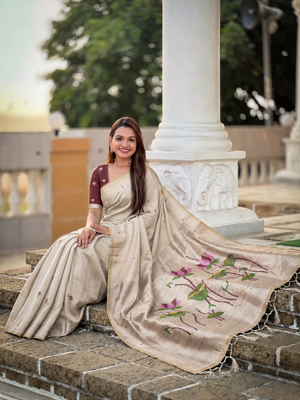 Cream cotton silk saree with colorful floral weaving pallu with blouse 4