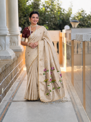 Cream cotton silk saree with colorful floral weaving pallu with blouse 5