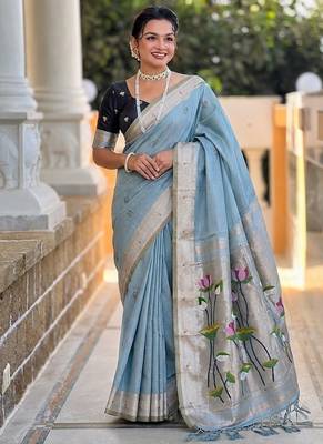 Skyblue cotton silk saree with colorful floral weaving pallu with blouse 1
