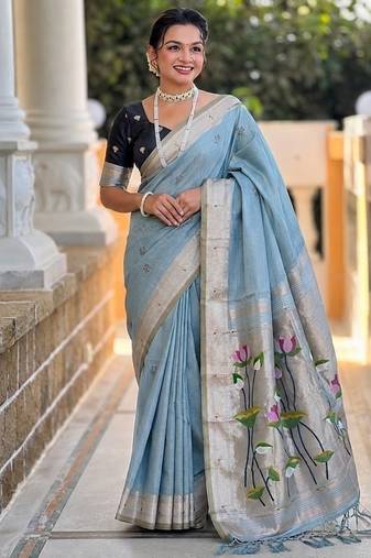 Skyblue cotton silk saree with colorful floral weaving pallu with blouse