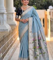 Skyblue cotton silk saree with colorful floral weaving pallu with blouse