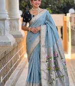 Skyblue cotton silk saree with colorful floral weaving pallu with blouse