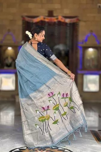 Skyblue cotton silk saree with colorful floral weaving pallu with blouse