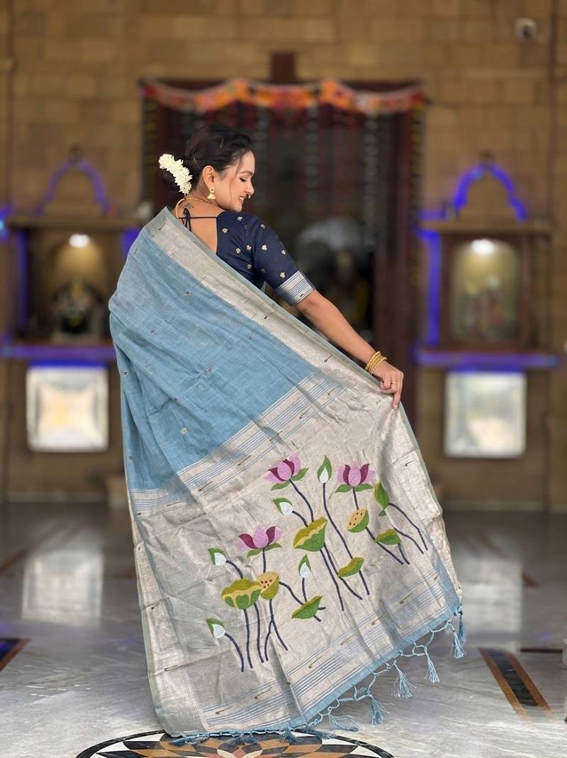 Skyblue cotton silk saree with colorful floral weaving pallu with blouse