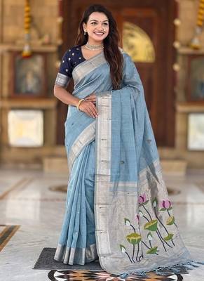 Skyblue cotton silk saree with colorful floral weaving pallu with blouse 3