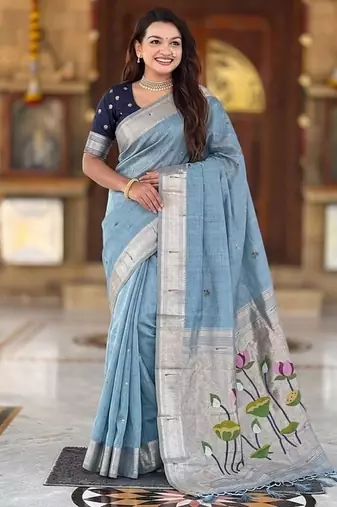 Skyblue cotton silk saree with colorful floral weaving pallu with blouse