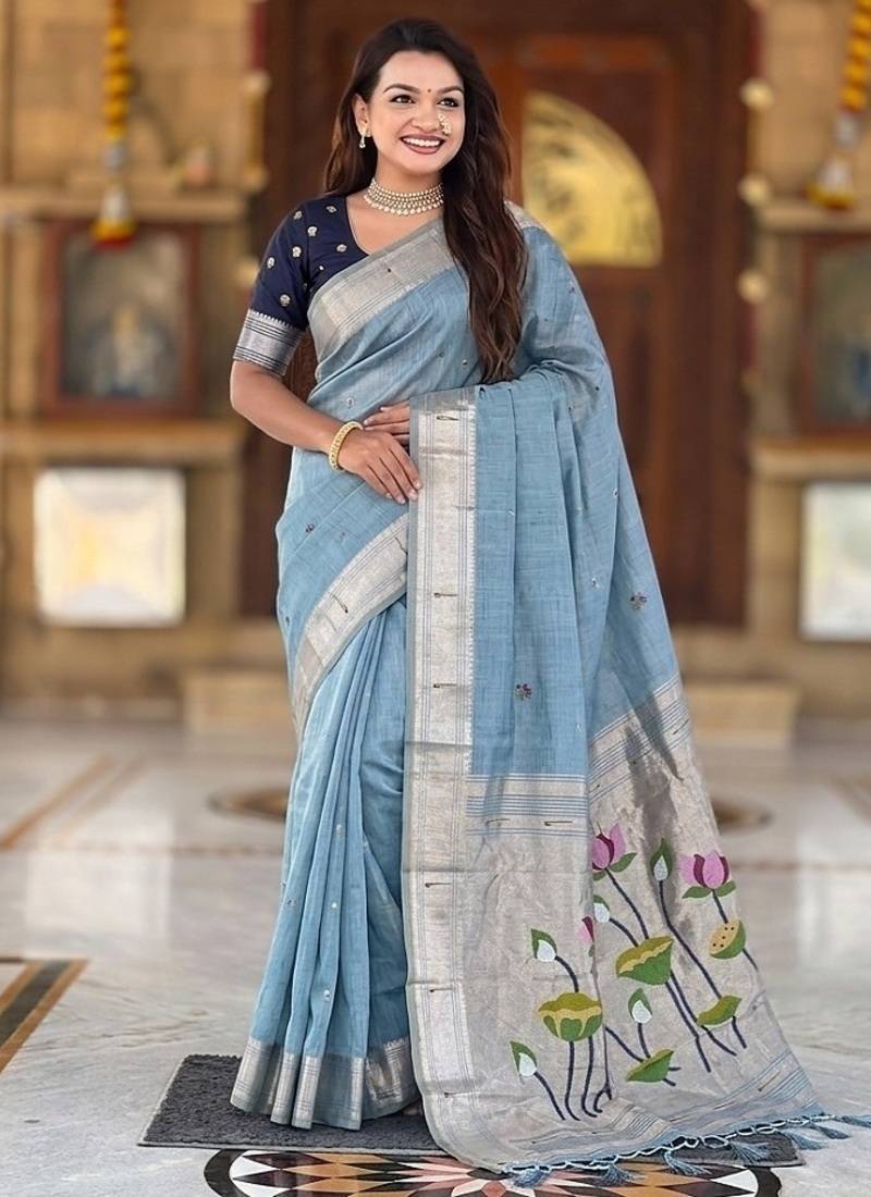 Skyblue cotton silk saree with colorful floral weaving pallu with blouse