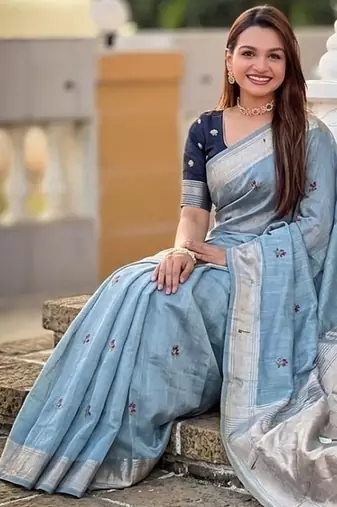 Skyblue cotton silk saree with colorful floral weaving pallu with blouse