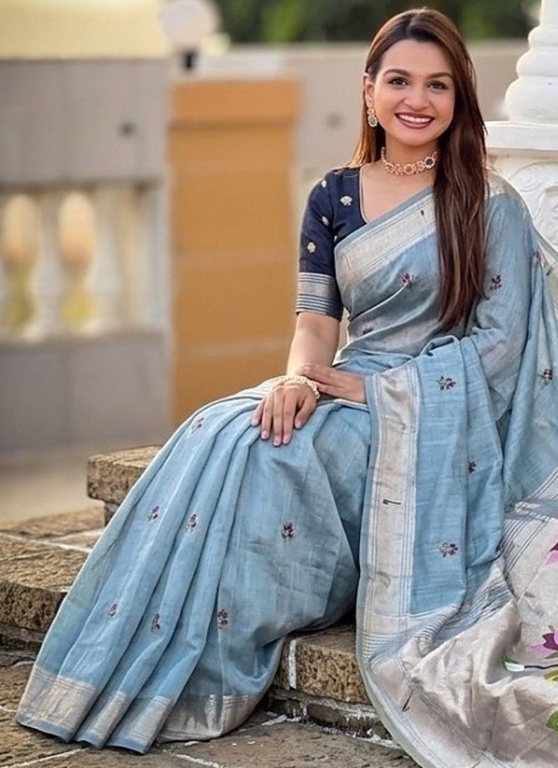 Skyblue cotton silk saree with colorful floral weaving pallu with blouse