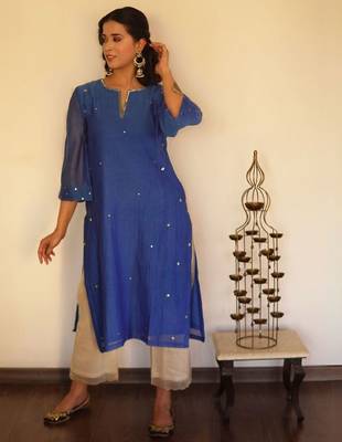 Royal blue chanderi sequin spray kurta set with chanderi bottoms, stitched 1