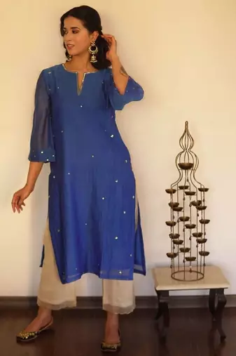 Royal blue chanderi sequin spray kurta set with chanderi bottoms, stitched