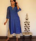 Royal blue chanderi sequin spray kurta set with chanderi bottoms, stitched