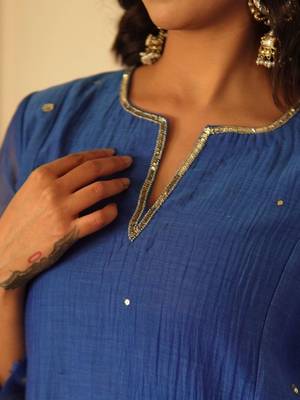 Royal blue chanderi sequin spray kurta set with chanderi bottoms, stitched 2