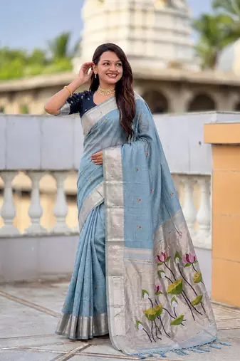 Skyblue cotton silk saree with colorful floral weaving pallu with blouse