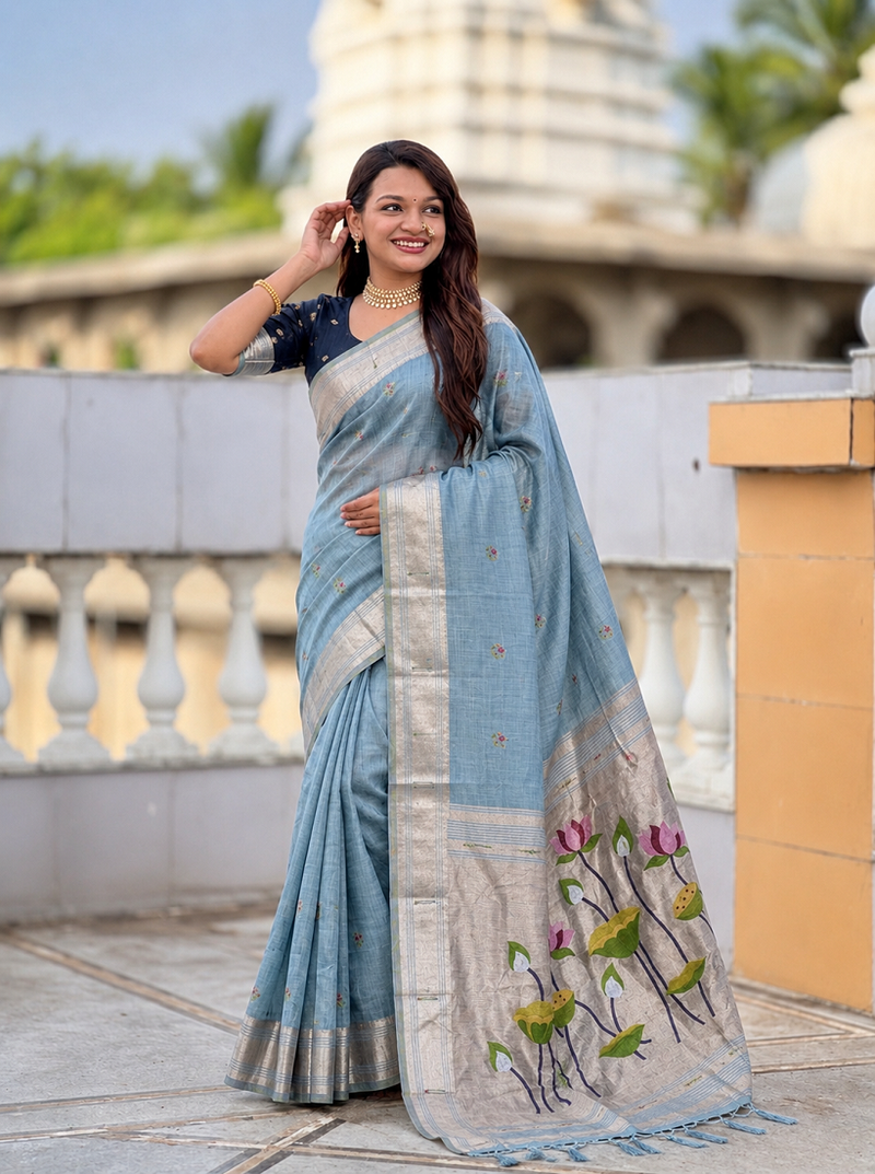 Skyblue cotton silk saree with colorful floral weaving pallu with blouse