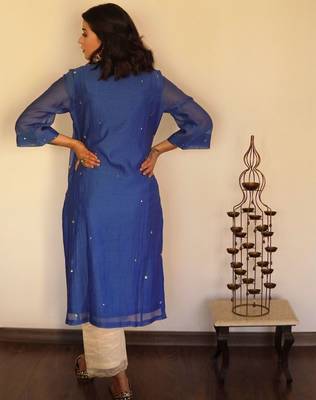 Royal blue chanderi sequin spray kurta set with chanderi bottoms, stitched 3