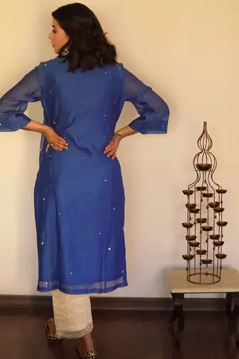 Royal blue chanderi sequin spray kurta set with chanderi bottoms, stitched