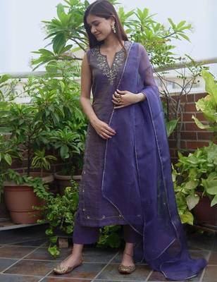 Navy metallic chanderi embroidered kurta set with dupatta, stitched 1