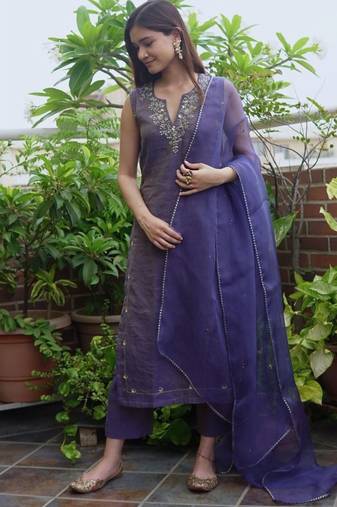 Navy metallic chanderi embroidered kurta set with dupatta