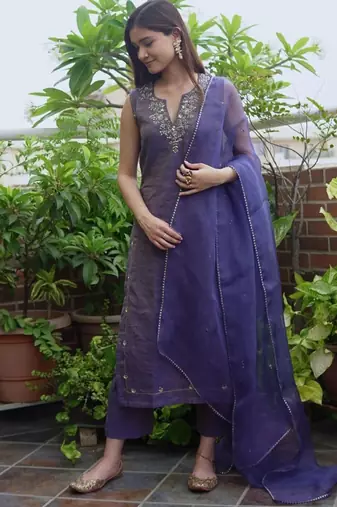 Navy metallic chanderi embroidered kurta set with dupatta, stitched