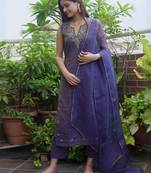 Navy metallic chanderi embroidered kurta set with dupatta, stitched