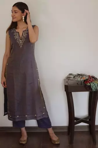 Navy metallic chanderi embroidered kurta set with dupatta, stitched