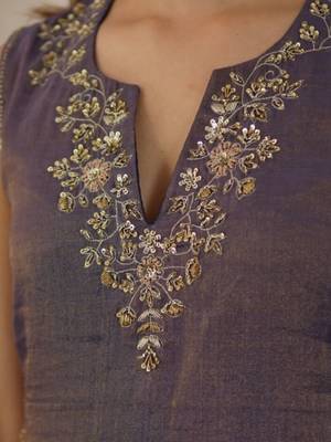 Navy metallic chanderi embroidered kurta set with dupatta, stitched 3