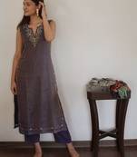 Navy metallic chanderi embroidered kurta set with pants, stitched