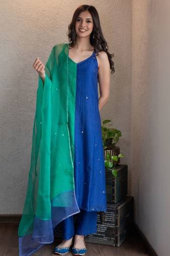 Blue green colorblock chanderi kurta set, stitched