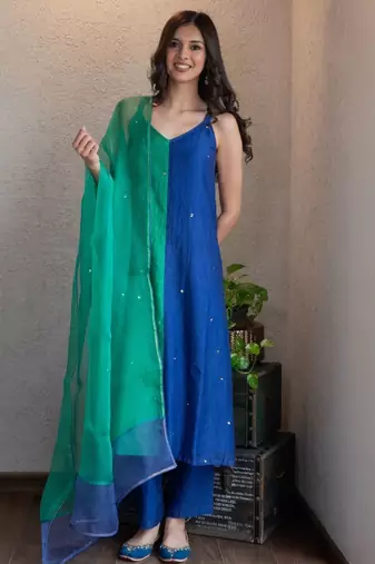 Blue green colorblock chanderi kurta set, stitched
