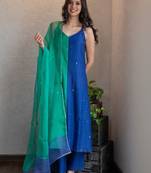 Blue green colorblock chanderi kurta set, stitched