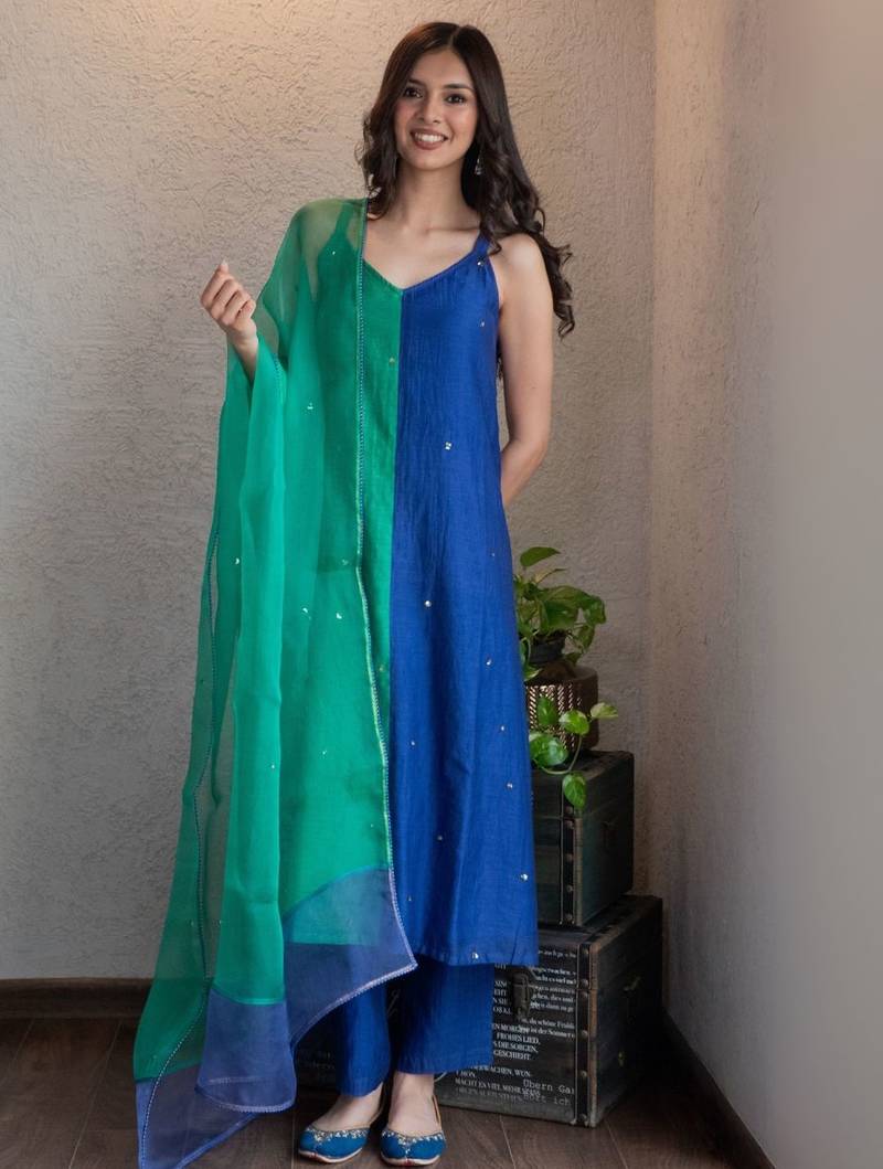 Blue green colorblock chanderi kurta set, stitched